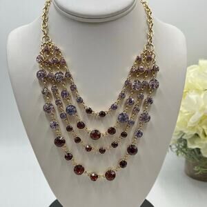 J. Crew Four Layer Round Bezel Crystal Statement‎ Necklace Grape Purple Red